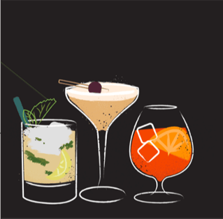 three colorful illustrated cocktails lined up on black background