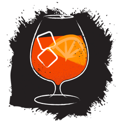 Orange cocktail illustration on black background with orange slice and ice cubes