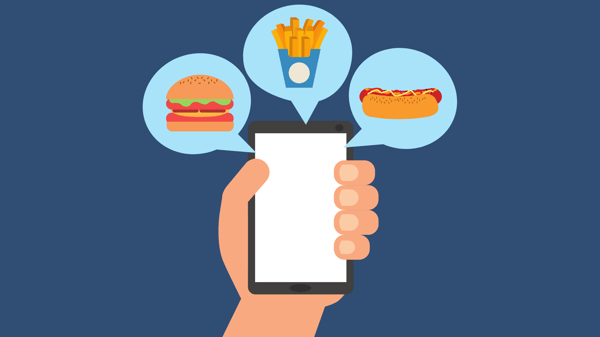 Illustration on blue background of a hand holding a phone with bubbles of food