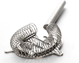 Stainless steel cocktail shaker with coil on white background