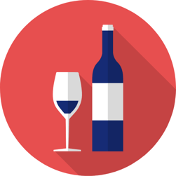 Illustration of blue wine glass and bottle on red background