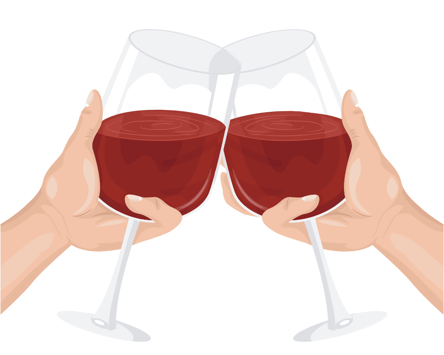 Illustration of two hands tapping two red wine glasses together 