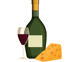 Illustration of wine glass and bottle next to a chunk of cheese