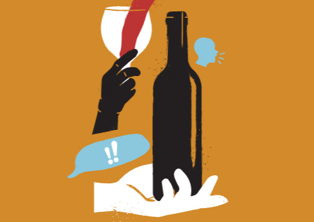 Wine Trends 2020 Illustration of a hand holding a wine glass with red wine being poured into it next to the outline of a wine bottle orange background