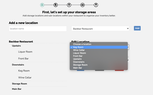 Backbar inventory software screenshot of bar inventory locations set up page