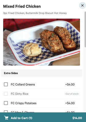 Screen shot of food menu with photo of fried chicken and a biscuitn