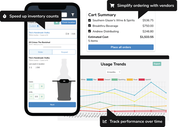 Image of iPhone with Backbar bar inventory app, a usage graph, and online shopping cart for ordering.