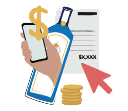 Illustration of hand holding a phone near a liquor bottle and invoice with money signs