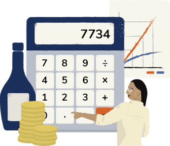 Illustration of woman calculating liquor cost next to a wine bottle and coins