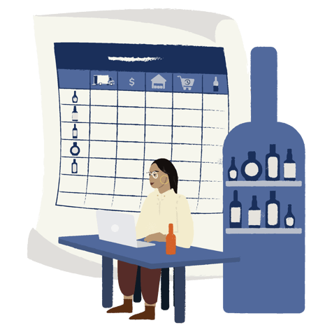 Illustration of woman sitting at desk with her laptop and a large drawing of a spreadsheet and wine bottle behind her