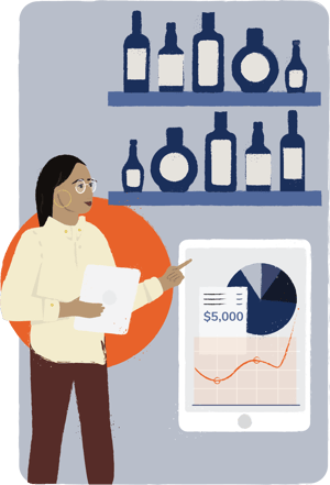 Illustration of woman taking inventory and looking at a graph