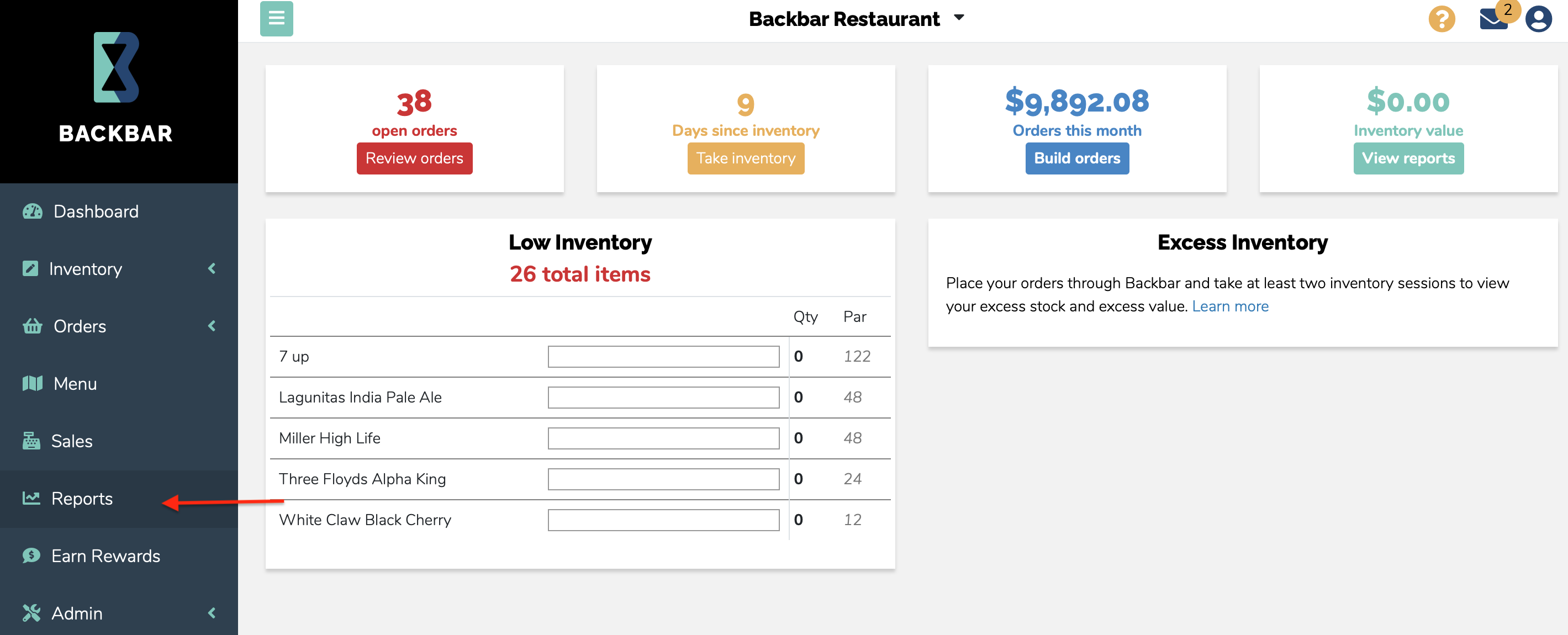 Screenshot of Backbar's inventory home page