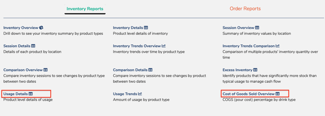 Screen shot of Backbar's inventory reports