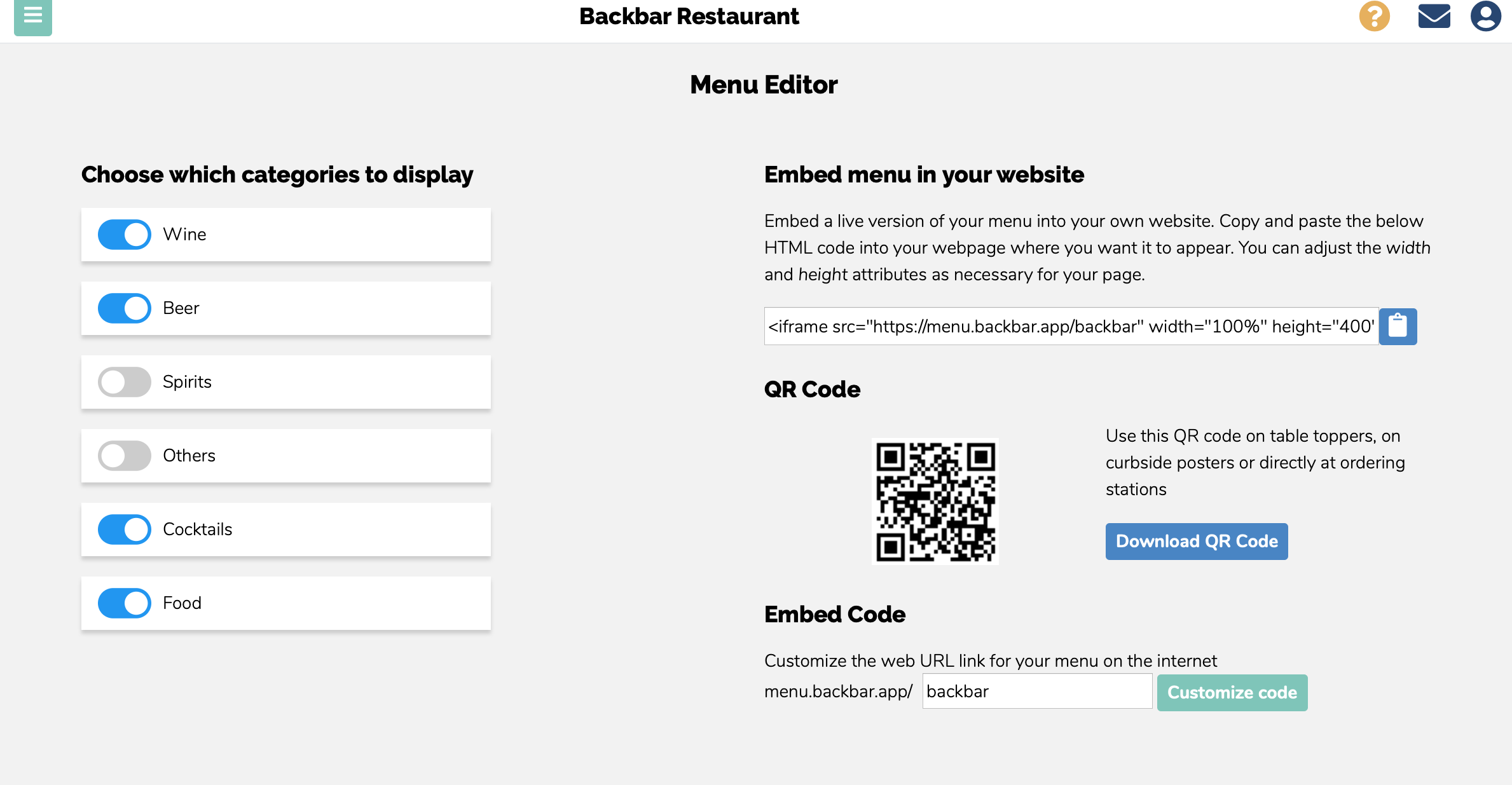 Screenshot of Backbar's QR code page